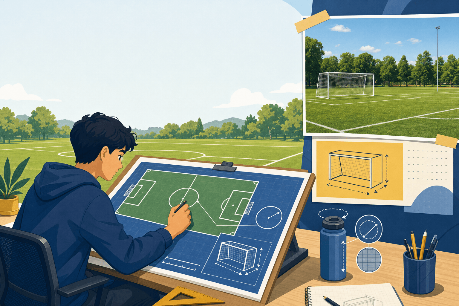 Student sketching a blueprint of a soccer field with scale 1 cm to 5 m, a labeled center circle, a goal-shaped rectangular prism with surface area arrows, and a water bottle with circumference and area callouts.